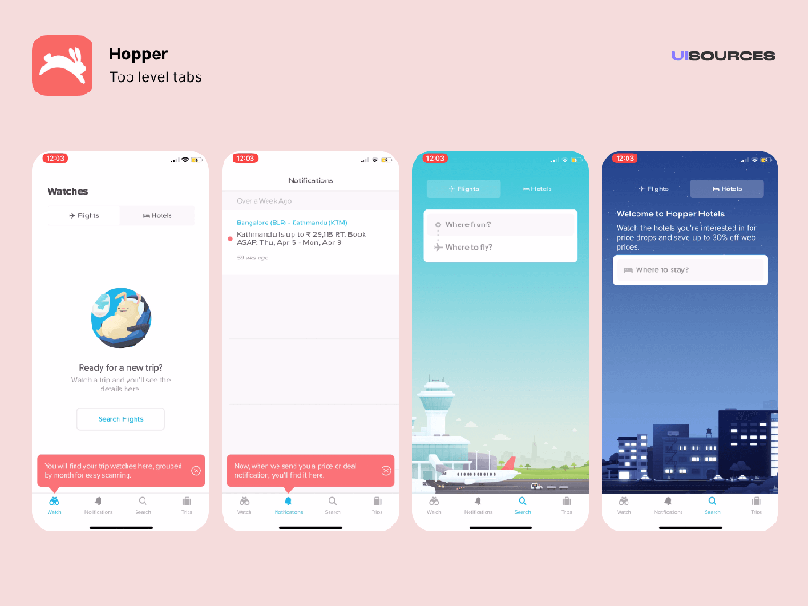 Infographic and UX of different screengrabs from the Hopper app.